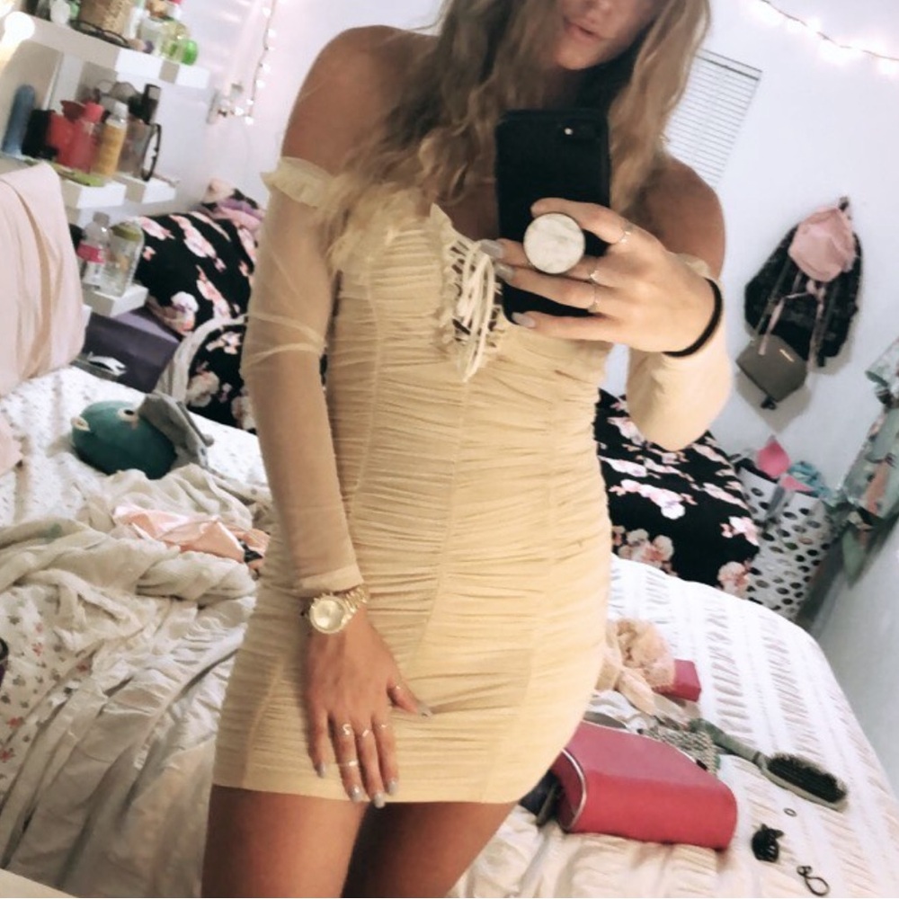 Fashion Nova Cream Off-Shoulder Long Sleeve Ruched Dress